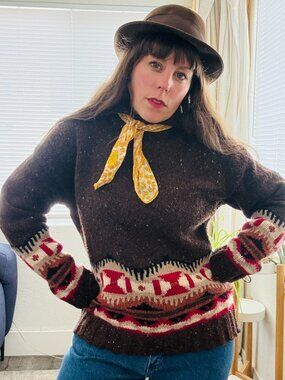 Vintage 90s Brown Wool Cashmere Cowichan Southwestern Aztec Sweater S/M Petite